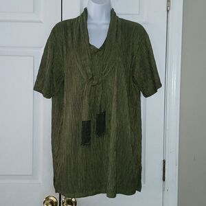 JL J.P.L.A. olive green crinkle blouse with attached tie  Sz NWOT